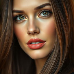 A close-up of a beautiful woman with captivating eyes and striking features, her lips skillfully edited to appear subtly fuller and perfectly shaped