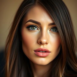 A close-up of a beautiful woman with captivating eyes and striking features, her lips skillfully edited to appear subtly fuller and perfectly shaped