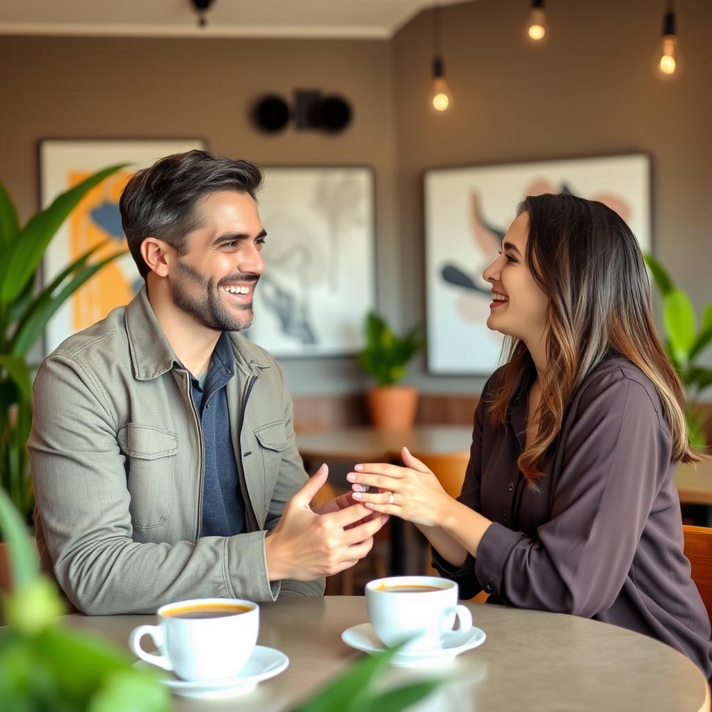 A friendly and inviting scene featuring a warm greeting between two people