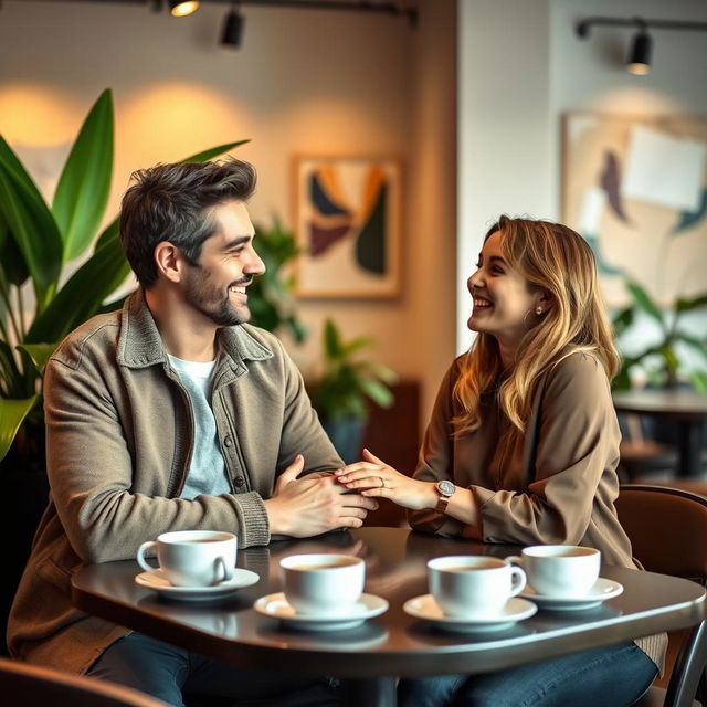 A friendly and inviting scene featuring a warm greeting between two people