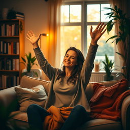 A woman in a cozy room with a warm atmosphere, sitting on a plush couch, raising her hands in a joyful or celebratory manner