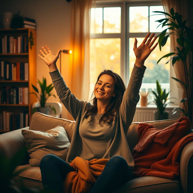 A woman in a cozy room with a warm atmosphere, sitting on a plush couch, raising her hands in a joyful or celebratory manner