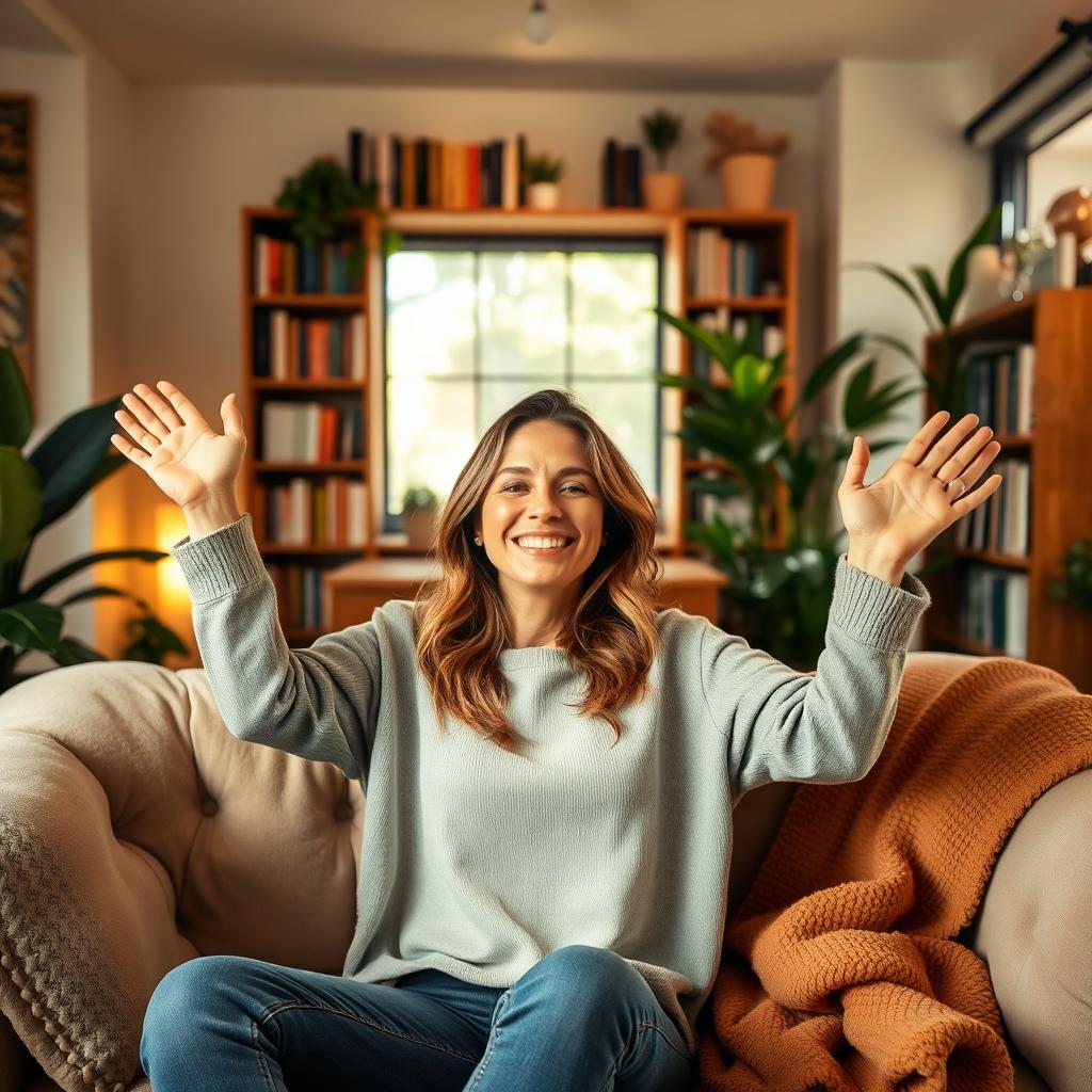 A woman in a cozy room with a warm atmosphere, sitting on a plush couch, raising her hands in a joyful or celebratory manner
