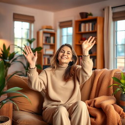 A woman in a cozy room with a warm atmosphere, sitting on a plush couch, raising her hands in a joyful or celebratory manner