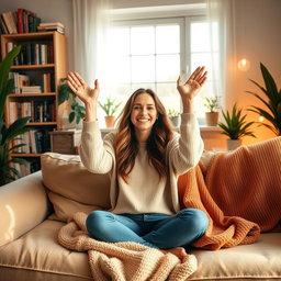 A woman in a cozy room with a warm atmosphere, sitting on a plush couch, raising her hands in a joyful or celebratory manner
