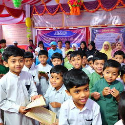A vibrant scene from a Quranic festival featuring elementary school boys, showcasing a colorful array of decorations, banners with Quranic verses, and lively activities