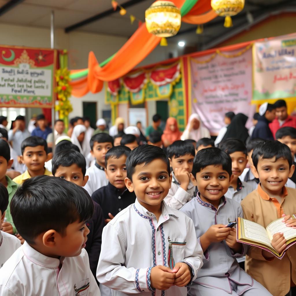 A vibrant scene from a Quranic festival featuring elementary school boys, showcasing a colorful array of decorations, banners with Quranic verses, and lively activities