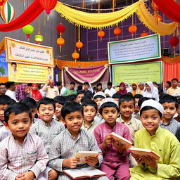 A vibrant scene from a Quranic festival featuring elementary school boys, showcasing a colorful array of decorations, banners with Quranic verses, and lively activities