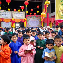 A vibrant scene from a Quranic festival featuring elementary school boys, showcasing a colorful array of decorations, banners with Quranic verses, and lively activities