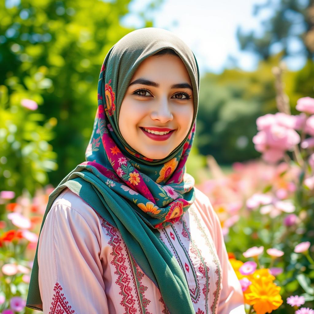 A beautiful Iranian girl wearing a colorful hijab, standing gracefully in a vibrant garden filled with blooming flowers