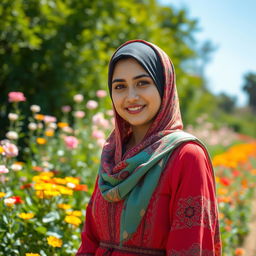 A beautiful Iranian girl wearing a colorful hijab, standing gracefully in a vibrant garden filled with blooming flowers