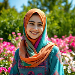 A beautiful Iranian girl wearing a colorful hijab, standing gracefully in a vibrant garden filled with blooming flowers