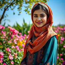 A beautiful Iranian girl wearing a colorful hijab, standing gracefully in a vibrant garden filled with blooming flowers