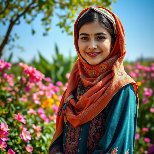 A beautiful Iranian girl wearing a colorful hijab, standing gracefully in a vibrant garden filled with blooming flowers