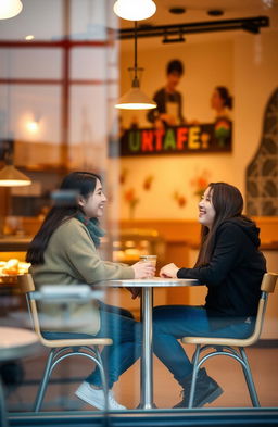 A cozy cafe scene, featuring a transparent window that shows the interior of the cafe