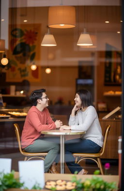 A cozy cafe scene, featuring a transparent window that shows the interior of the cafe