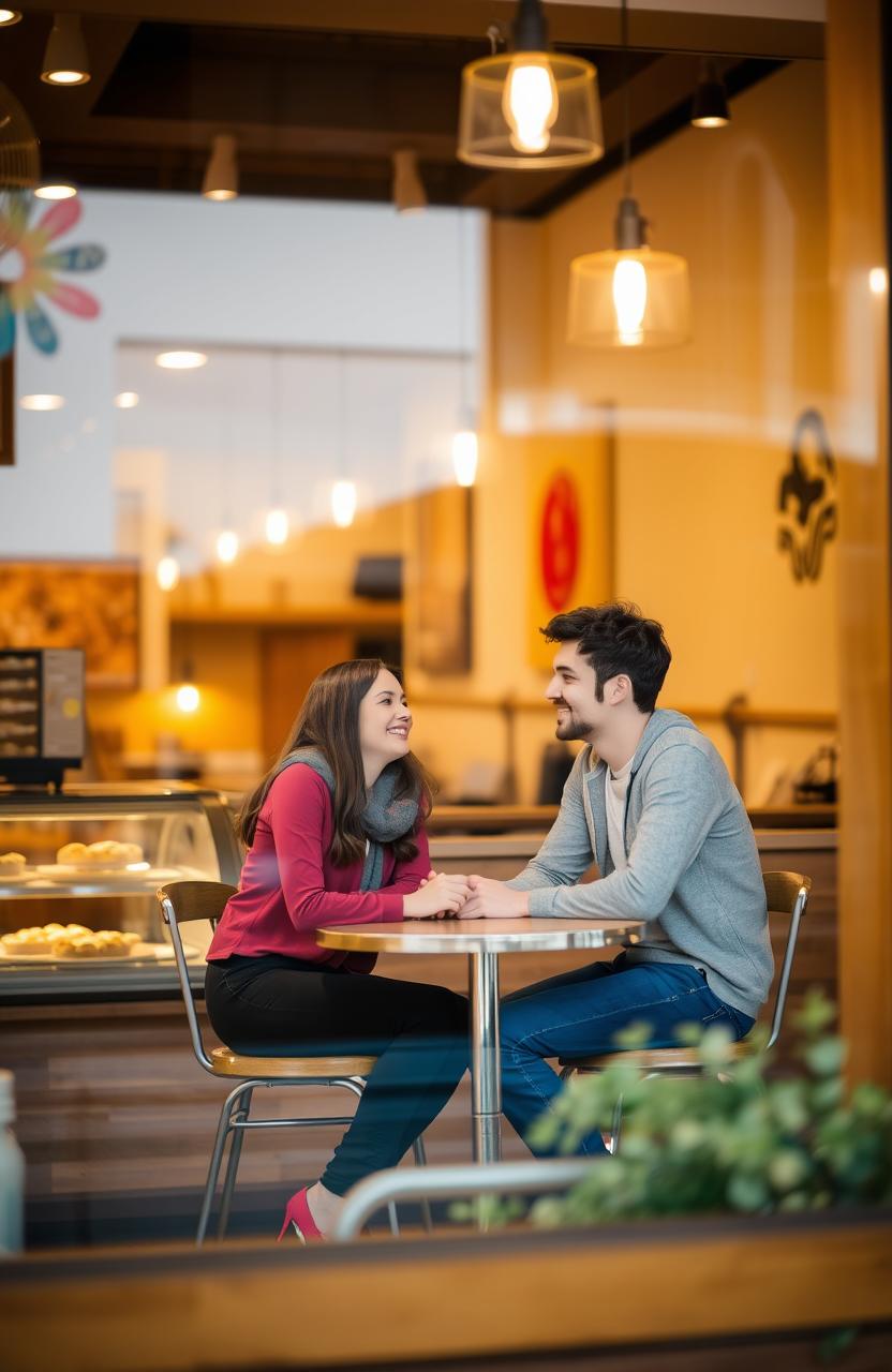 A cozy cafe scene, featuring a transparent window that shows the interior of the cafe