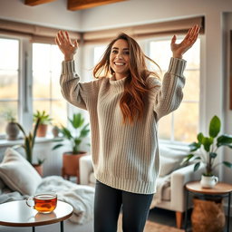 A joyful woman with long flowing hair, standing in a cozy, warmly lit room, with soft furnishings and plants around her