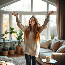 A joyful woman with long flowing hair, standing in a cozy, warmly lit room, with soft furnishings and plants around her