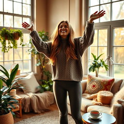 A joyful woman with long flowing hair, standing in a cozy, warmly lit room, with soft furnishings and plants around her