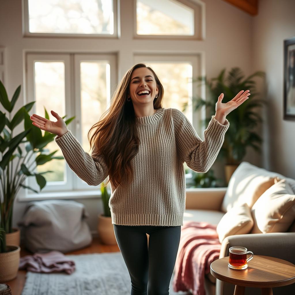 A joyful woman with long flowing hair, standing in a cozy, warmly lit room, with soft furnishings and plants around her