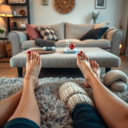 A beautiful and relaxing indoor scene of two pairs of legs, one set with perfectly manicured feet, elegantly positioned across a plush rug
