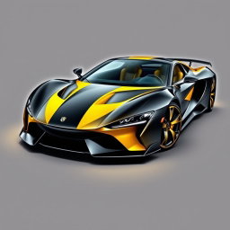 A sleek sports car design featuring a striking combination of black and yellow colors