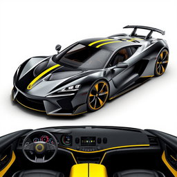 A sleek sports car design featuring a striking combination of black and yellow colors