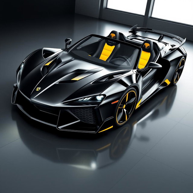 A sleek sports car design featuring a striking combination of black and yellow colors