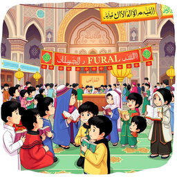 A vibrant and colorful illustration of a Quran festival for elementary school boys in Iran