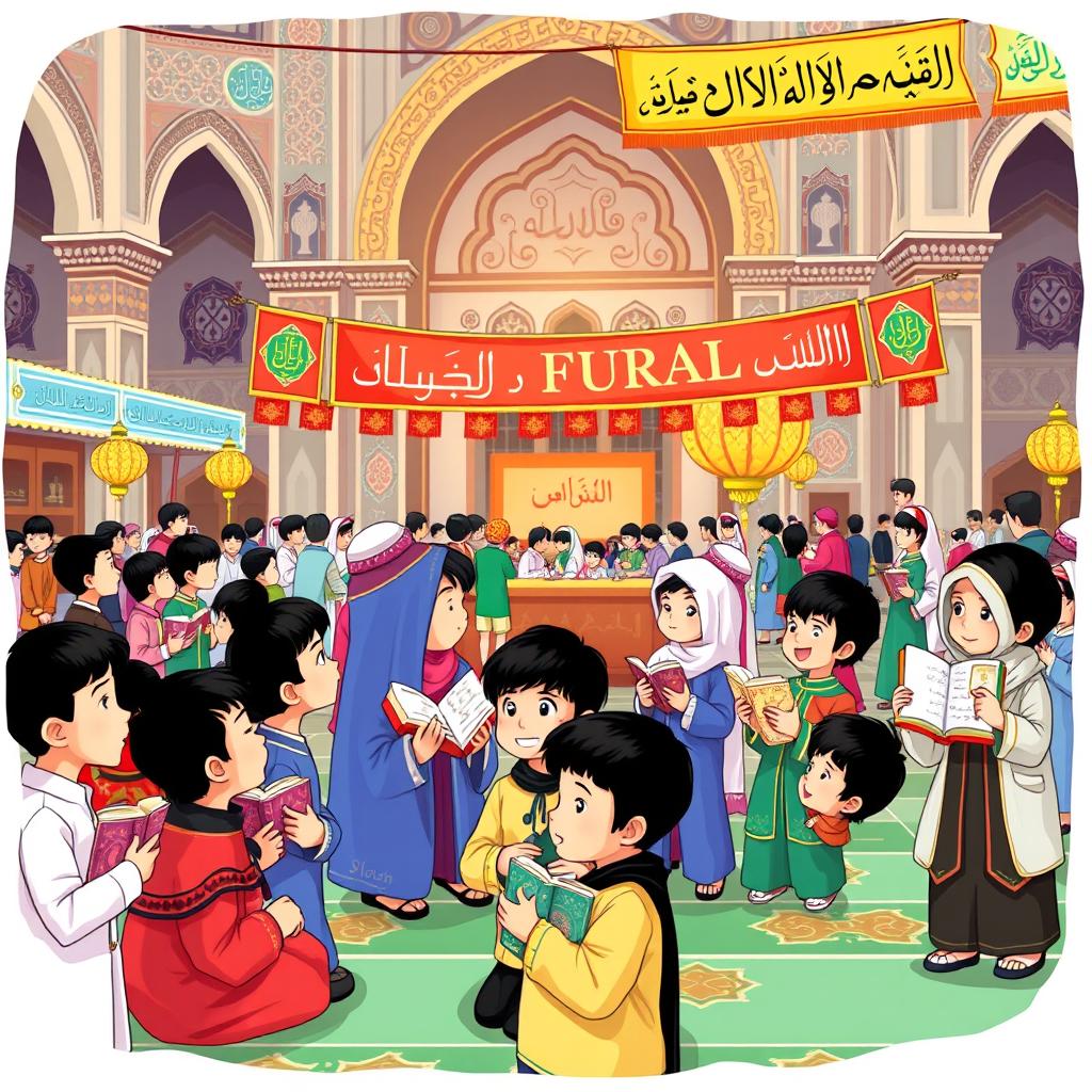 A vibrant and colorful illustration of a Quran festival for elementary school boys in Iran