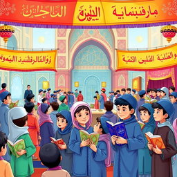 A vibrant and colorful illustration of a Quran festival for elementary school boys in Iran