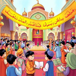 A vibrant and colorful illustration of a Quran festival for elementary school boys in Iran