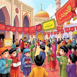 A vibrant and colorful illustration of a Quran festival for elementary school boys in Iran
