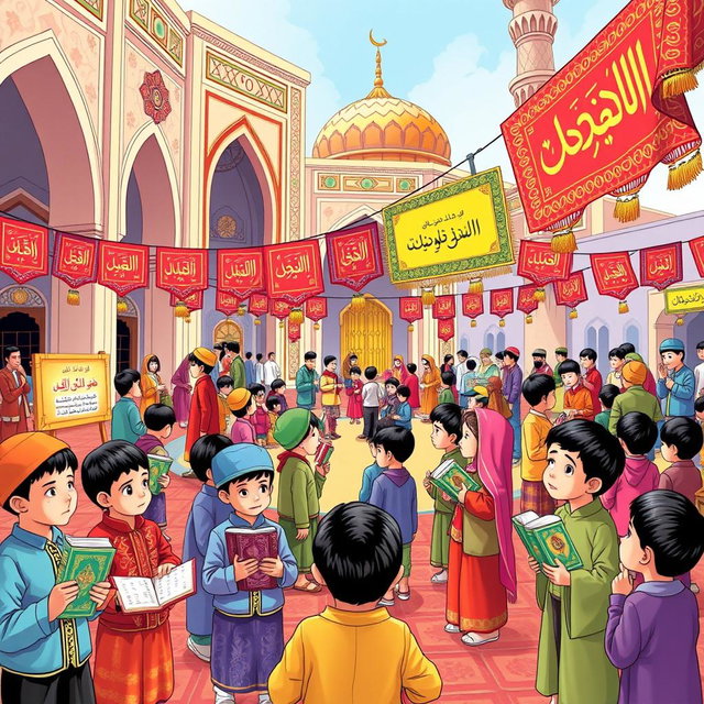 A vibrant and colorful illustration of a Quran festival for elementary school boys in Iran
