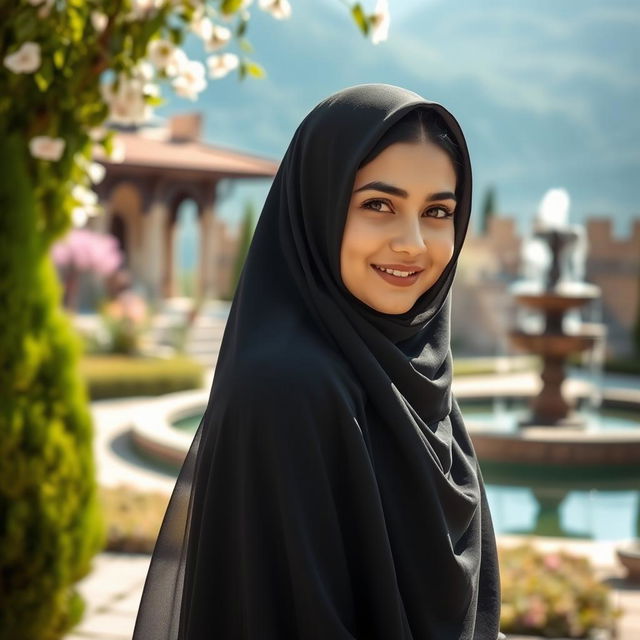 A portrait of an Iranian girl wearing a traditional black chador, standing elegantly in a picturesque setting
