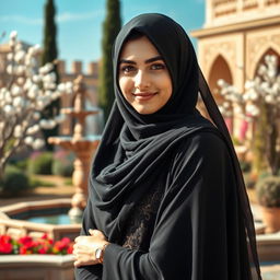 A portrait of an Iranian girl wearing a traditional black chador, standing elegantly in a picturesque setting