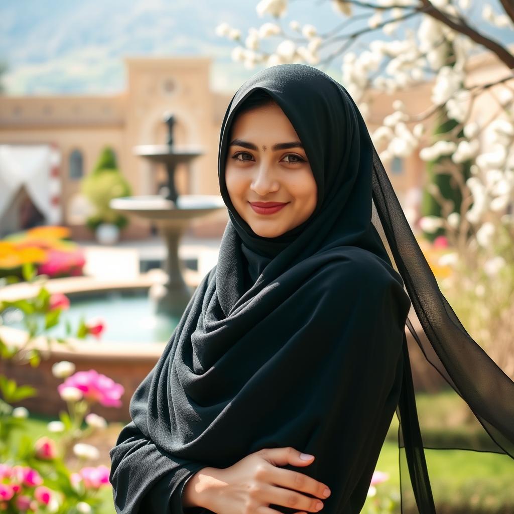 A portrait of an Iranian girl wearing a traditional black chador, standing elegantly in a picturesque setting