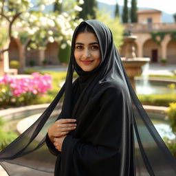 A portrait of an Iranian girl wearing a traditional black chador, standing elegantly in a picturesque setting