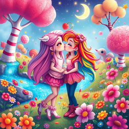A whimsical and vibrant scene of two best friends, Moony and Jella, sharing a playful kiss in a colorful, magical world filled with candy trees and sparkling rivers