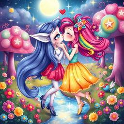 A whimsical and vibrant scene of two best friends, Moony and Jella, sharing a playful kiss in a colorful, magical world filled with candy trees and sparkling rivers