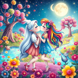 A whimsical and vibrant scene of two best friends, Moony and Jella, sharing a playful kiss in a colorful, magical world filled with candy trees and sparkling rivers