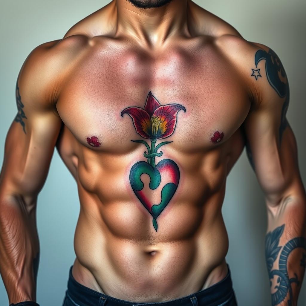 A muscular male torso, elaborately tattooed, showcasing a detailed lily tattoo positioned above the heart