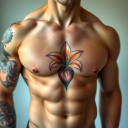 A muscular male torso, elaborately tattooed, showcasing a detailed lily tattoo positioned above the heart