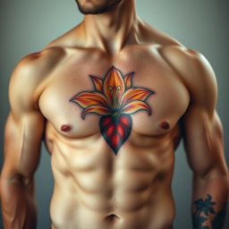 A muscular male torso, elaborately tattooed, showcasing a detailed lily tattoo positioned above the heart