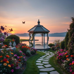 An elegant view of a beautifully landscaped garden featuring an ornate gazebo surrounded by vibrant, blooming flowers in various colors