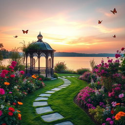 An elegant view of a beautifully landscaped garden featuring an ornate gazebo surrounded by vibrant, blooming flowers in various colors
