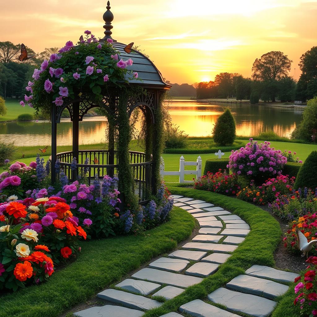 An elegant view of a beautifully landscaped garden featuring an ornate gazebo surrounded by vibrant, blooming flowers in various colors