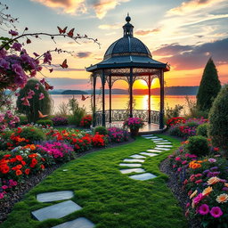An elegant view of a beautifully landscaped garden featuring an ornate gazebo surrounded by vibrant, blooming flowers in various colors