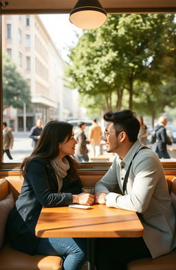 A cozy cafe scene featuring a couple sitting at a table, their expressions showing intimacy yet a feeling of separation